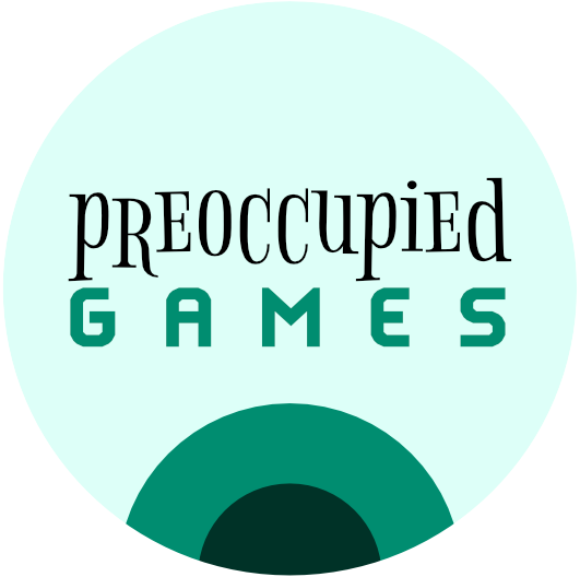 Preoccupied Games logo. The word 'preoccupied' is written in a stylized Burton-esque typeface, and rests above the word 'games', written in all caps in a sans-serif typeface. These words are in green and placed above a circle that looks kind of like an eyeball looking downward.
